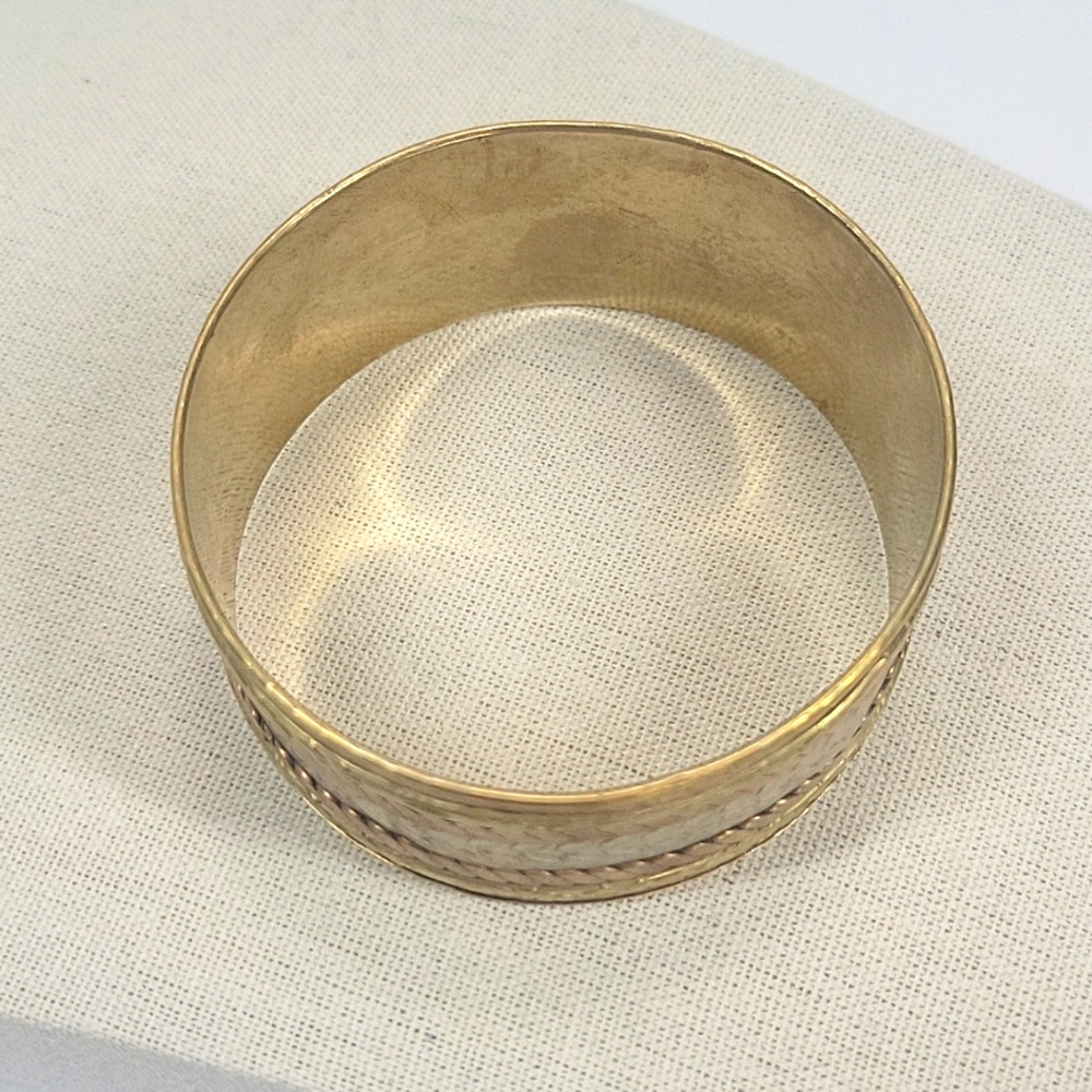 ​Artisan Wide Mixed-Metal Copper Cuff Bracelet Braided Brass Etched Leaf - Picture 2 of 6